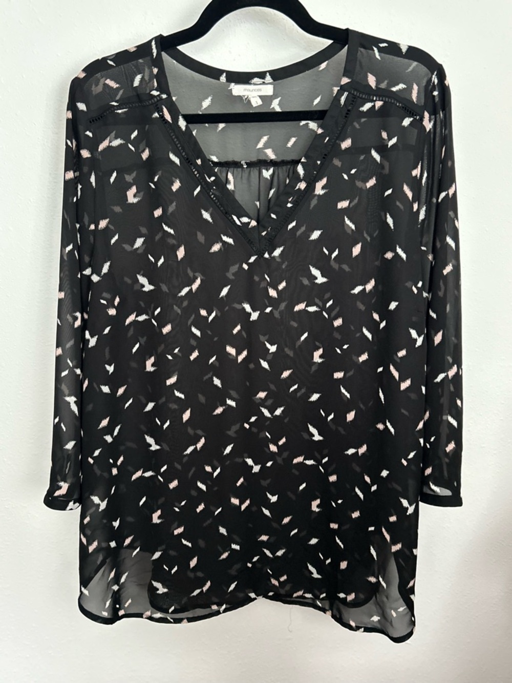 Maurices Black Patterned Sheer V-Neck Blouse